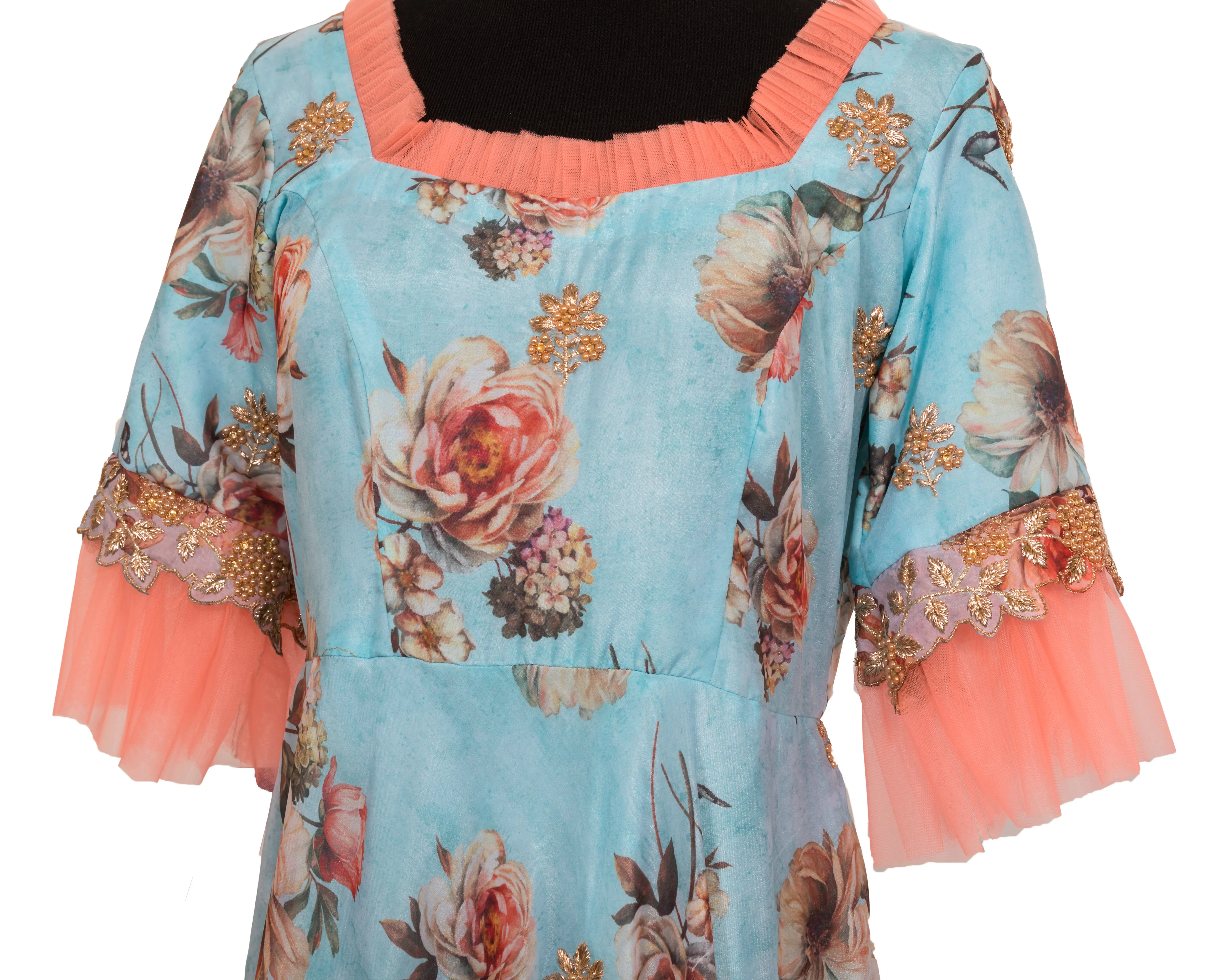 Blue Floral Gown With Cutwork