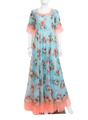 Blue Floral Gown With Cutwork