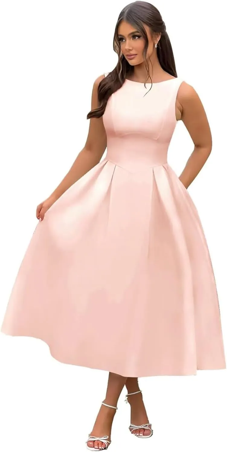 Boat Neck Prom Dresses A Line Satin Formal Evening Dress Tea Length Wedding Guest Gowns