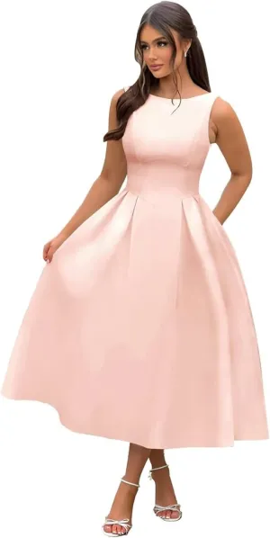 Boat Neck Prom Dresses A Line Satin Formal Evening Dress Tea Length Wedding Guest Gowns