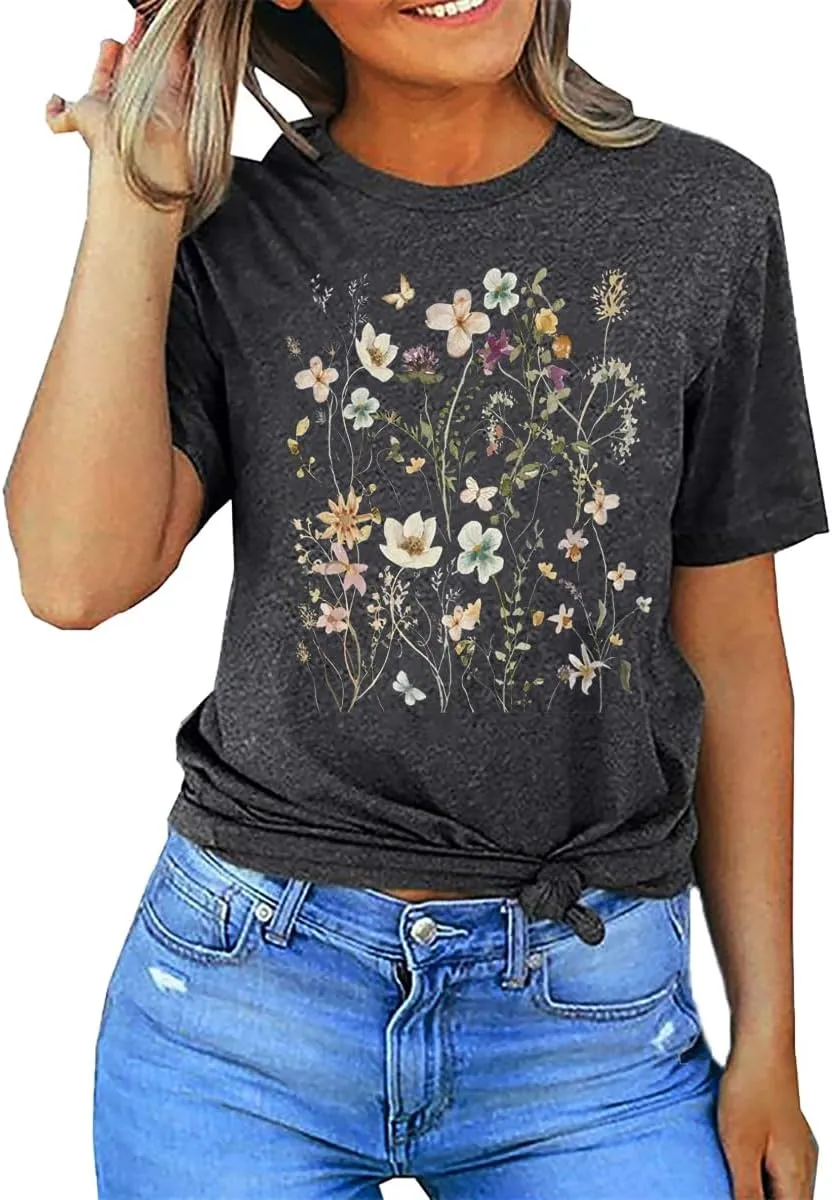 Boho Wildflowers Tshirt Women Vintage Flowers Shirt Floral Nature Tee Garden Lovers T-Shirt Botanical Tops
