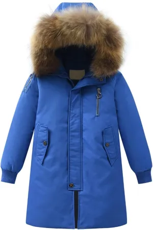 Boys Girls Winter Coat Long Heavyweight Puffer Jacket Insulated Parka with Faux Fur Hooded Padded Down Coat for Kids
