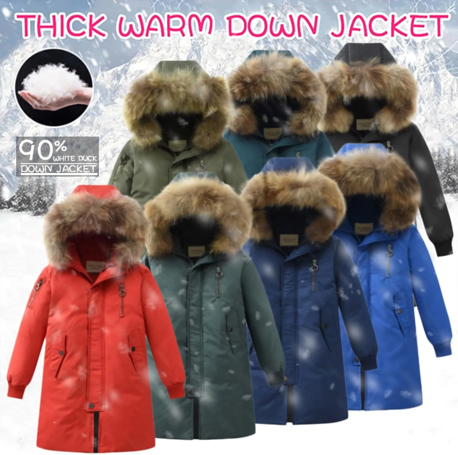 Boys Girls Winter Coat Long Heavyweight Puffer Jacket Insulated Parka with Faux Fur Hooded Padded Down Coat for Kids
