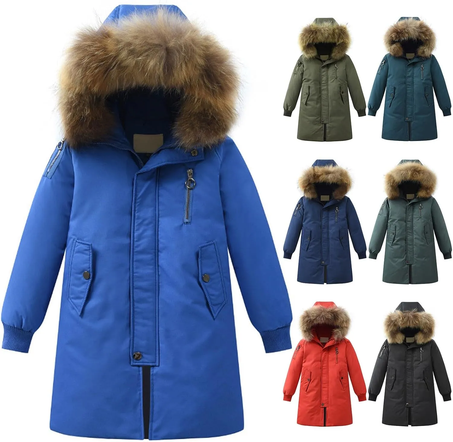 Boys Girls Winter Coat Long Heavyweight Puffer Jacket Insulated Parka with Faux Fur Hooded Padded Down Coat for Kids