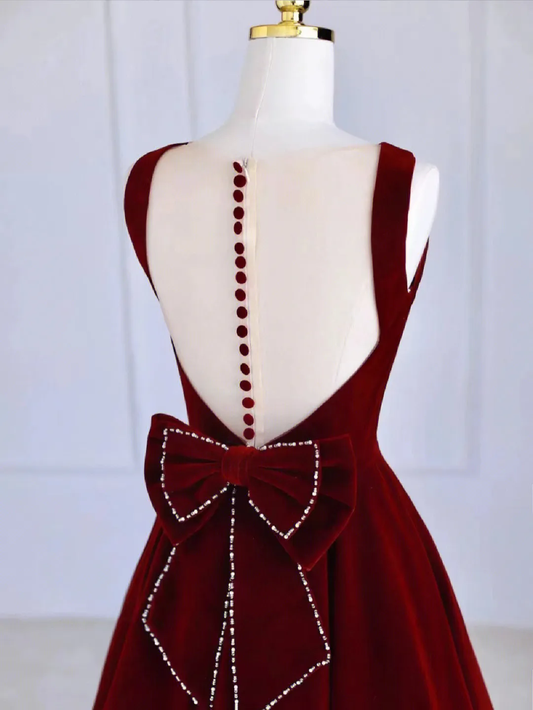 Burgundy Tea Length Velvet Prom Dress with Bowknot Burgundy Evening Party Dress