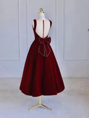 Burgundy Tea Length Velvet Prom Dress with Bowknot Burgundy Evening Party Dress
