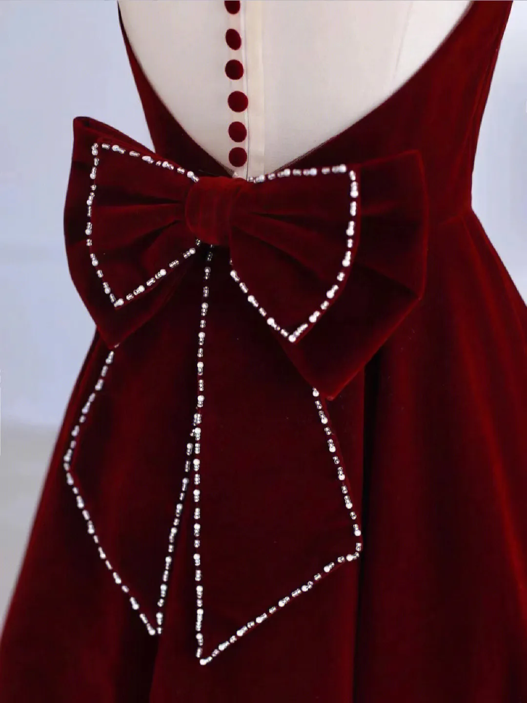 Burgundy Tea Length Velvet Prom Dress with Bowknot Burgundy Evening Party Dress