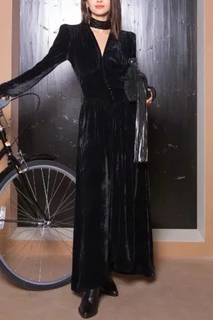 Celebrity Inspired Black Velvet Long Sleeve Prom Gown Evening Dress