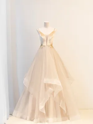 Champagne Velvet and Tulle Long Prom Dress V-Neck Spaghetti Strap Evening Dress