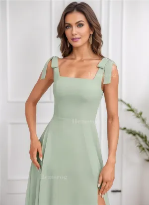 Chiffon Bridesmaid Dresses for Wedding Square Neck Prom Dresses with Bow A-Line Long Formal Dresses for Women with Slit