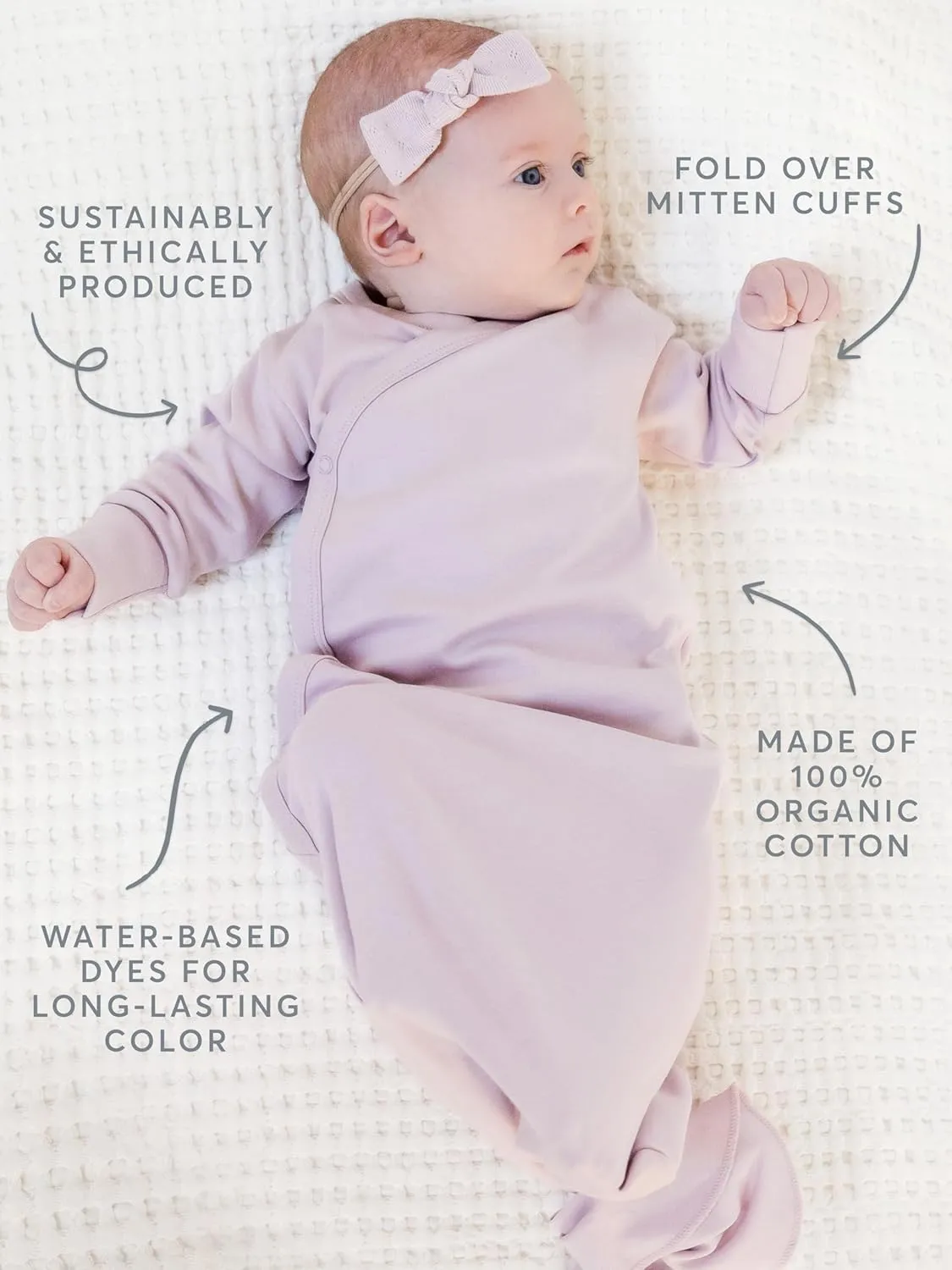 Colored Organics Baby 100% Organic Cotton Newborn Knotted Gown - Infant Indy Kimono Wrap Front Tie Knot with Mitten Cuffs