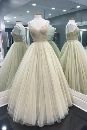 Cute Tulle Long A-Line Prom Dresses Backless Formal Evening Dresses