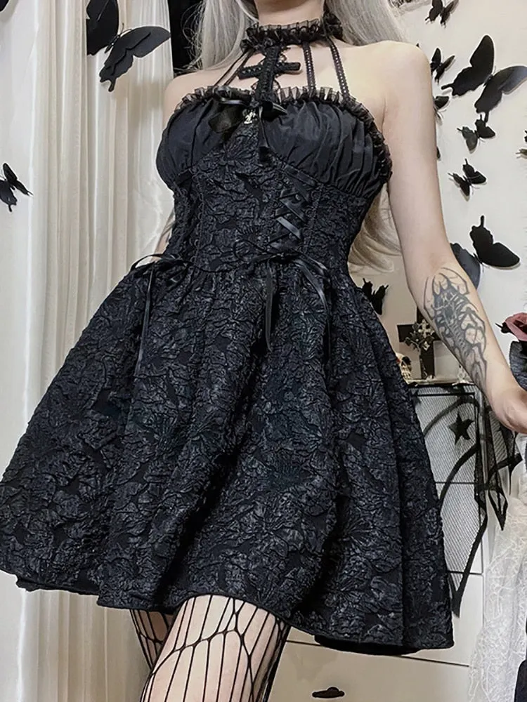 deanwangkt Mall Gothic Emo Jacquard A-line Dresses Elegant Grunge Ruched Bandage Partywear Punk Black Women Halloween Club Dress