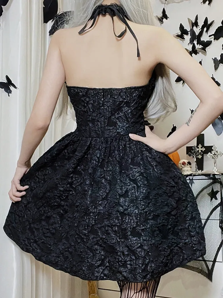deanwangkt Mall Gothic Emo Jacquard A-line Dresses Elegant Grunge Ruched Bandage Partywear Punk Black Women Halloween Club Dress
