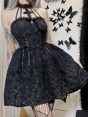 deanwangkt Mall Gothic Emo Jacquard A-line Dresses Elegant Grunge Ruched Bandage Partywear Punk Black Women Halloween Club Dress
