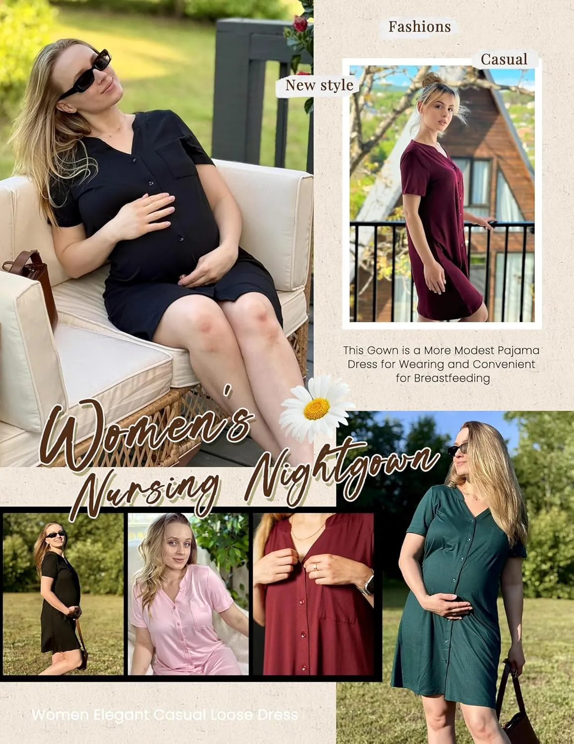 Ekouaer 2 Pack Maternity Nightgown Button Down Nursing Gown 3 in 1 Breastfeeding Sleepwear V Neck Short Sleeve Delivery Dress