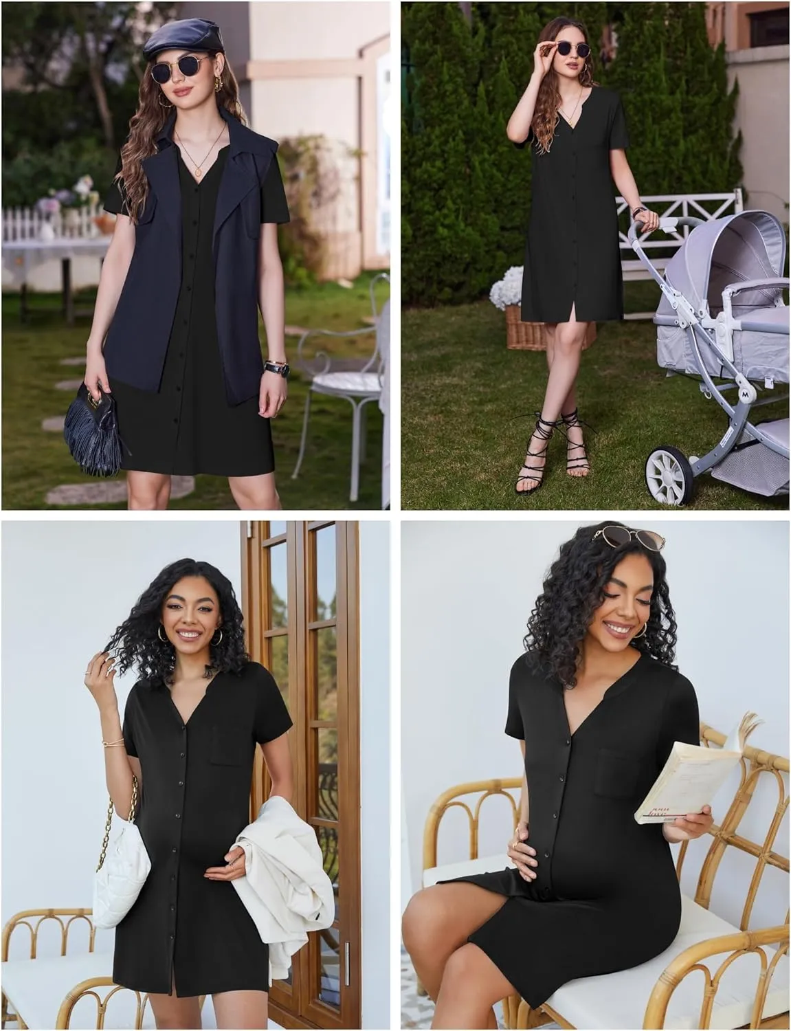 Ekouaer 2 Pack Maternity Nightgown Button Down Nursing Gown 3 in 1 Breastfeeding Sleepwear V Neck Short Sleeve Delivery Dress