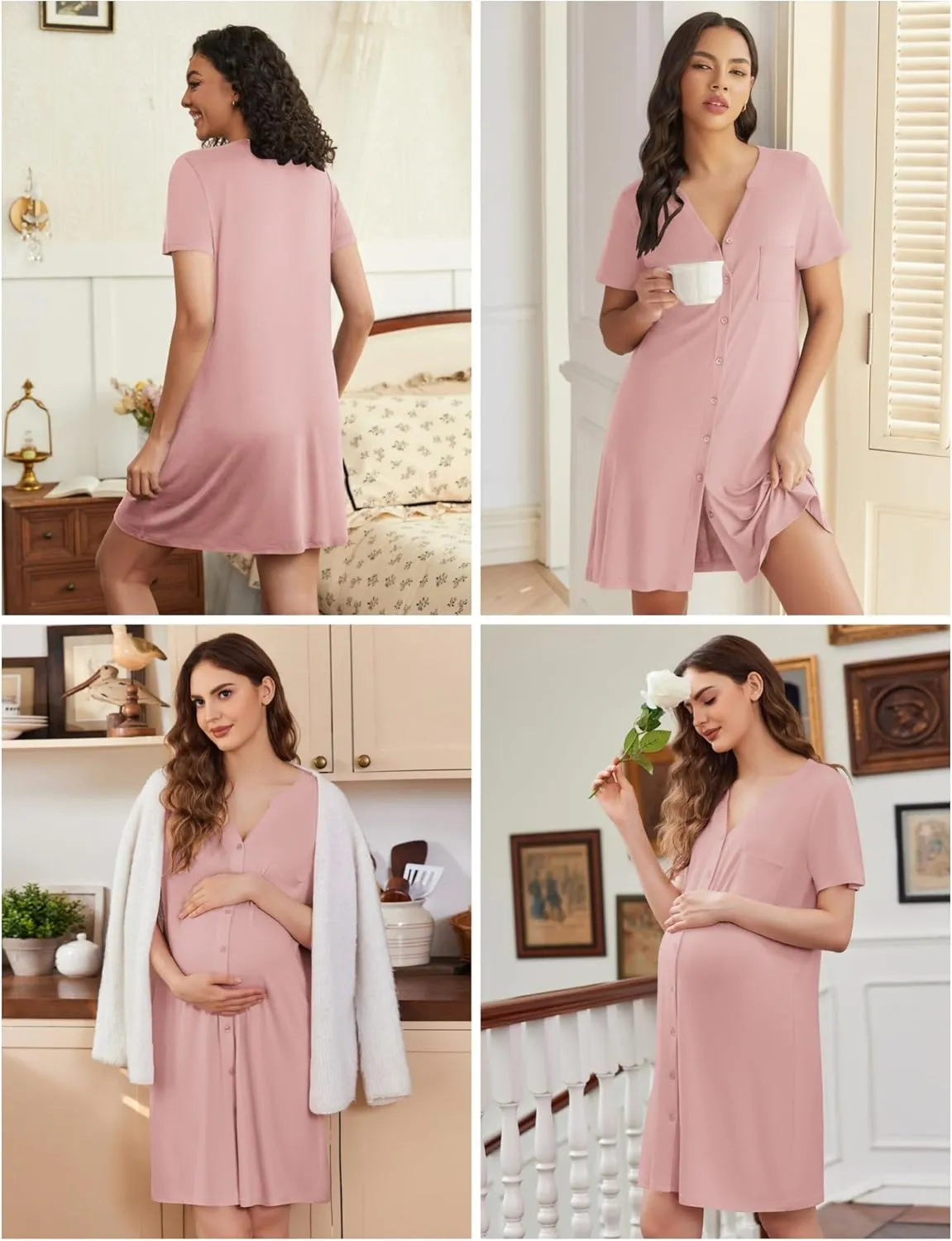 Ekouaer 2 Pack Maternity Nightgown Button Down Nursing Gown 3 in 1 Breastfeeding Sleepwear V Neck Short Sleeve Delivery Dress