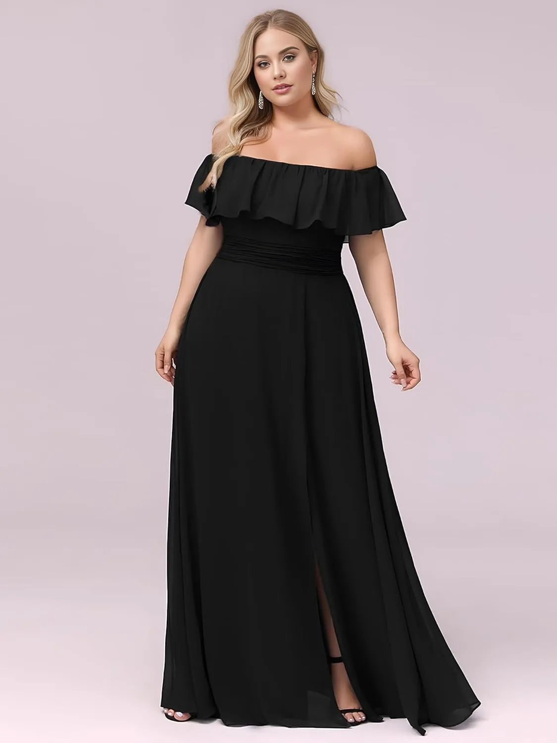 Ever-Pretty Plus Women's Summer Chiffon Strapless Off Shoulder Short Sleeves Split Semi Formal Plus Size Bridesmaid Dresses