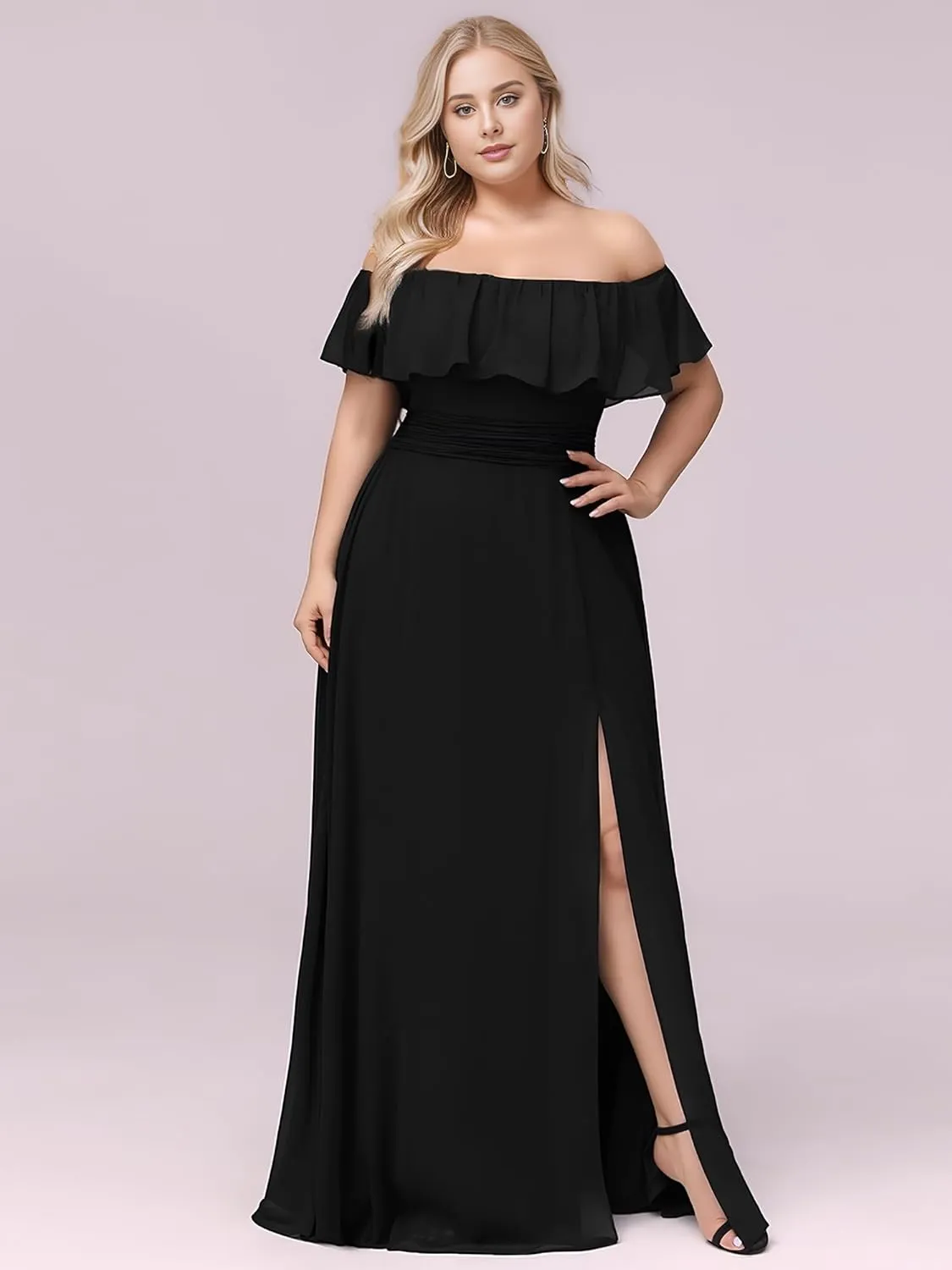Ever-Pretty Plus Women's Summer Chiffon Strapless Off Shoulder Short Sleeves Split Semi Formal Plus Size Bridesmaid Dresses