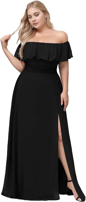 Ever-Pretty Plus Women's Summer Chiffon Strapless Off Shoulder Short Sleeves Split Semi Formal Plus Size Bridesmaid Dresses