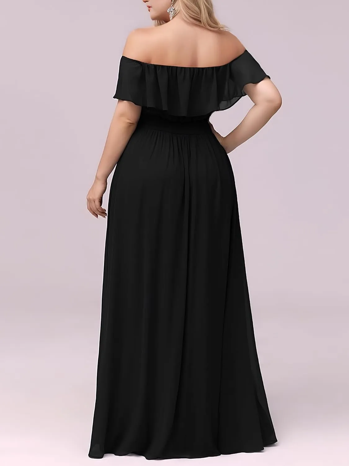 Ever-Pretty Plus Women's Summer Chiffon Strapless Off Shoulder Short Sleeves Split Semi Formal Plus Size Bridesmaid Dresses