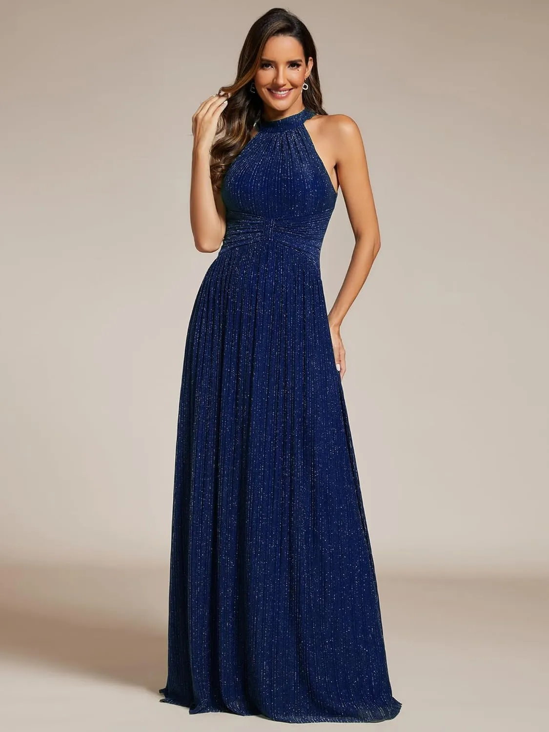Ever-Pretty Women's Halter Neck Summer Formal Dresses Sleeveless Pletaed Floor Length Glitter Evening Dresses 41961