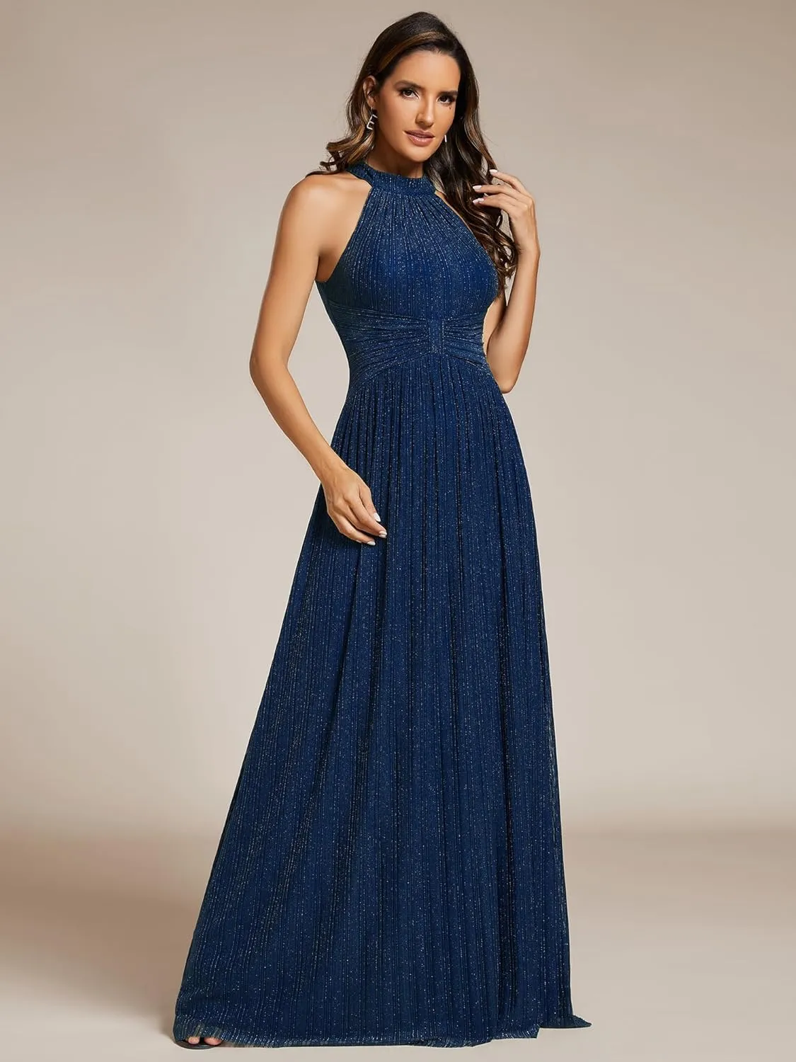 Ever-Pretty Women's Halter Neck Summer Formal Dresses Sleeveless Pletaed Floor Length Glitter Evening Dresses 41961