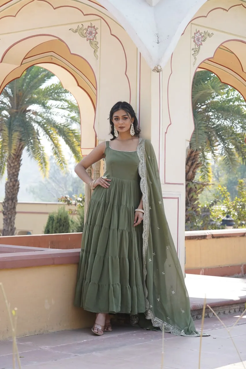 Faux Georgette Mehendi Green Gown with Designer Embroidered Dupatta