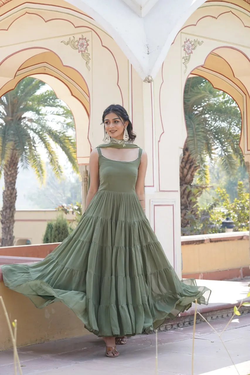 Faux Georgette Mehendi Green Gown with Designer Embroidered Dupatta