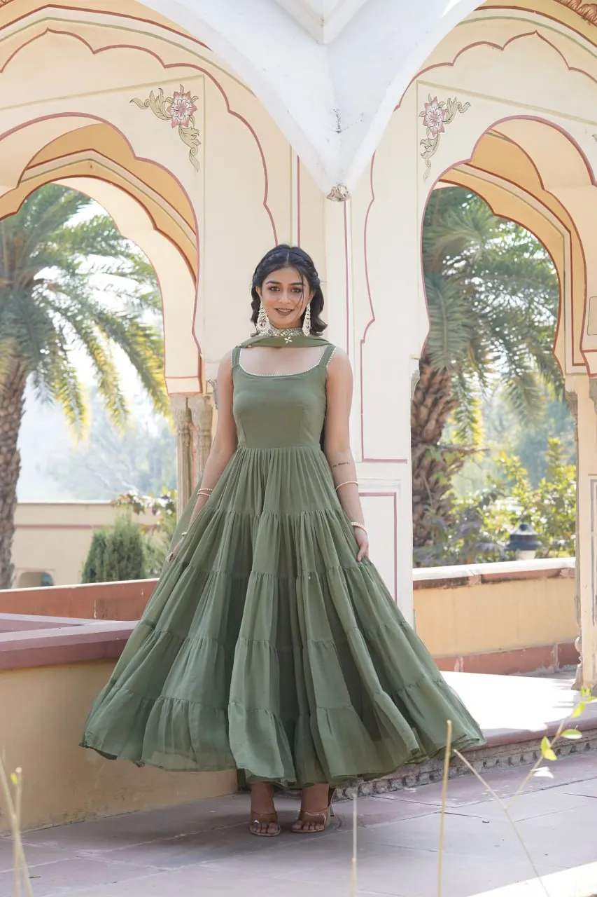 Faux Georgette Mehendi Green Gown with Designer Embroidered Dupatta