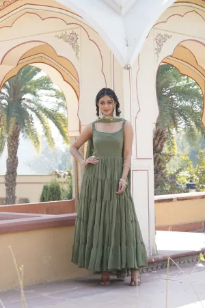 Faux Georgette Mehendi Green Gown with Designer Embroidered Dupatta