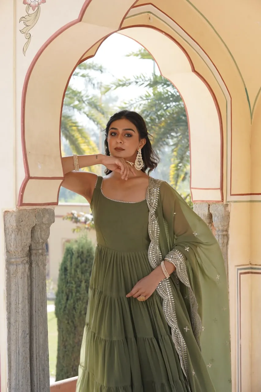 Faux Georgette Mehendi Green Gown with Designer Embroidered Dupatta