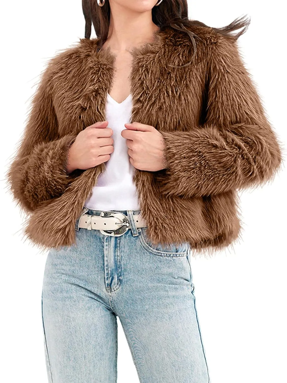 Fisoew Womens Faux Fur Coat Long Sleeve Cropped Fleece Open Front Short Jacket Outerwear