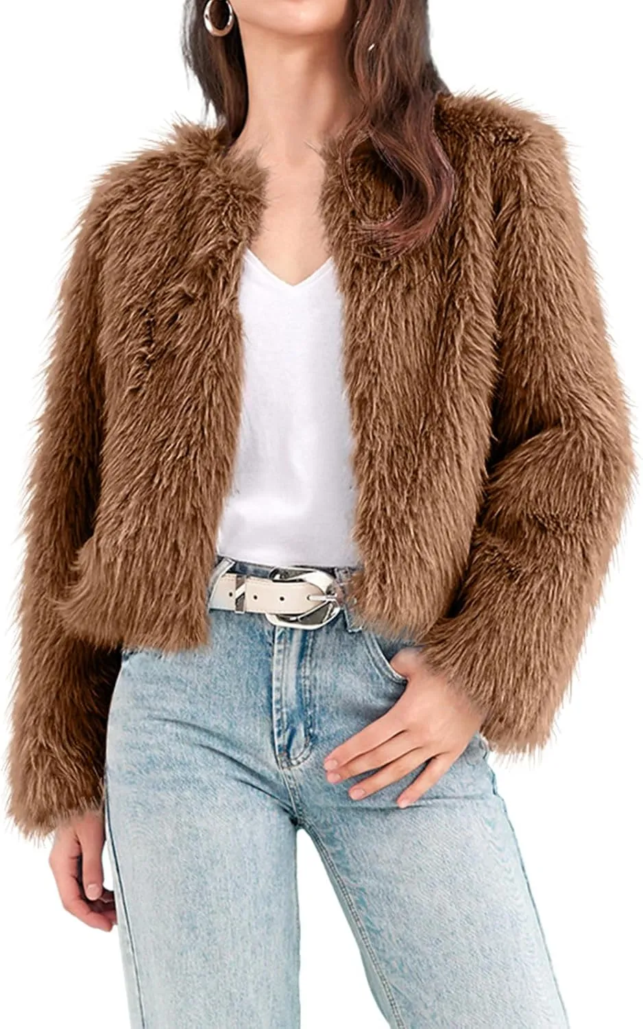 Fisoew Womens Faux Fur Coat Long Sleeve Cropped Fleece Open Front Short Jacket Outerwear