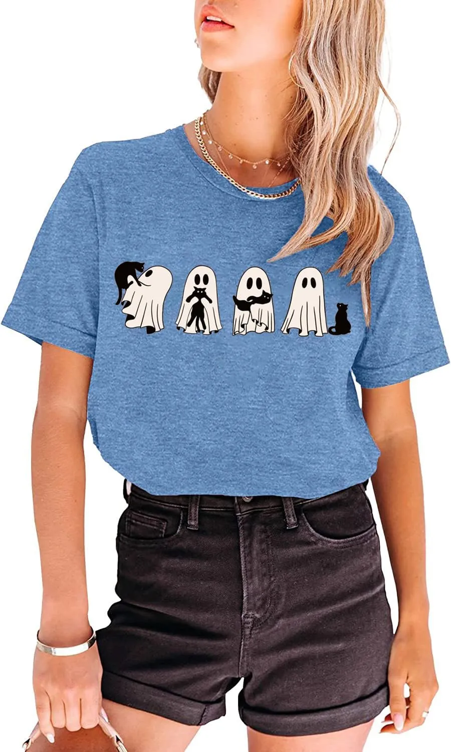 Ghost Halloween T-Shirt for Women Cute Ghost Cat Graphic Tee Spooky Season Shirt Vintage Short Sleeve Casual Fall Tops
