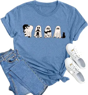 Ghost Halloween T-Shirt for Women Cute Ghost Cat Graphic Tee Spooky Season Shirt Vintage Short Sleeve Casual Fall Tops