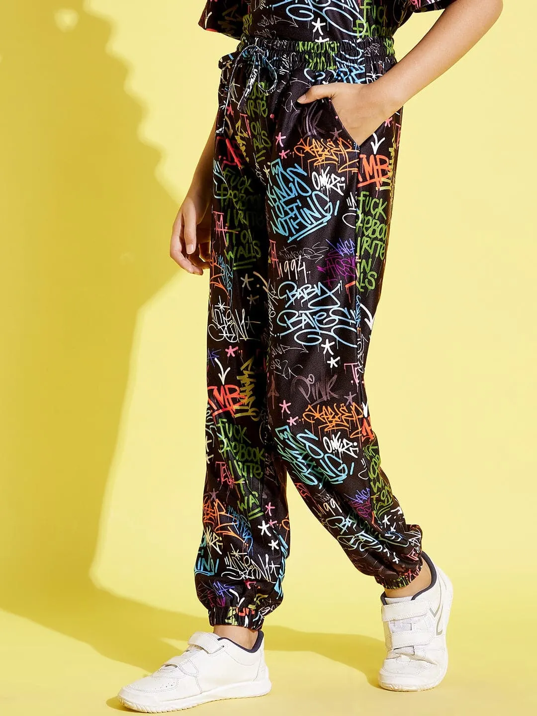 Girls Black Text Print Knit Joggers - Lyush Kids