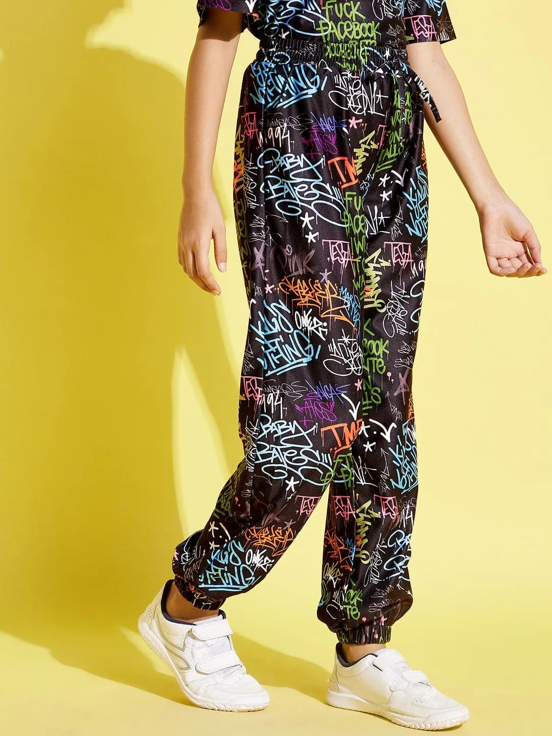 Girls Black Text Print Knit Joggers - Lyush Kids
