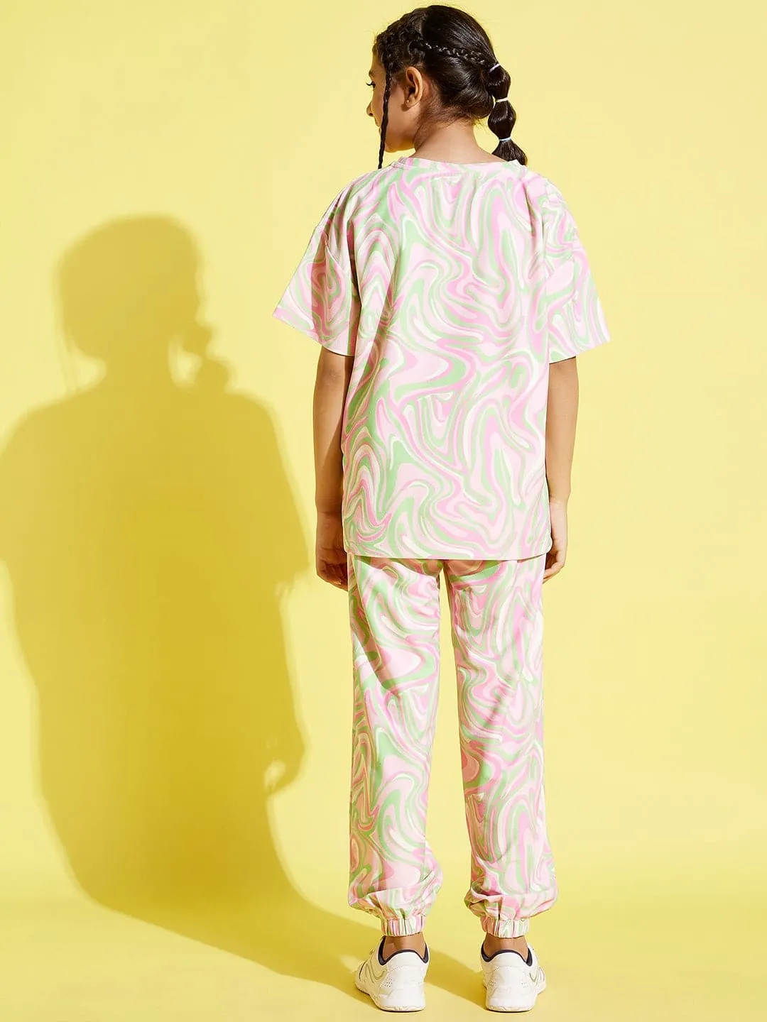 Girls Pink Waves Drop Shoulder Knit Top With Joggers - Lyush Kids