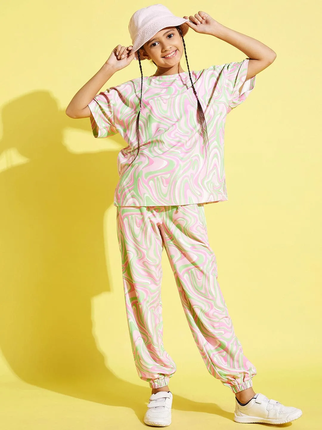 Girls Pink Waves Drop Shoulder Knit Top With Joggers - Lyush Kids