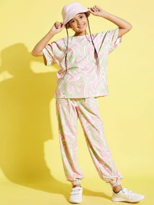 Girls Pink Waves Drop Shoulder Knit Top With Joggers - Lyush Kids