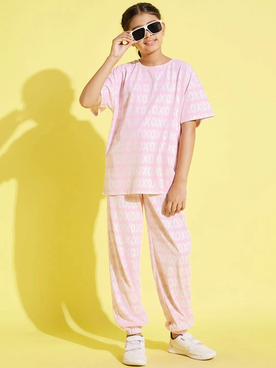 Girls Pink Xoxo Drop Shoulder Knit Top With Joggers - Lyush Kids