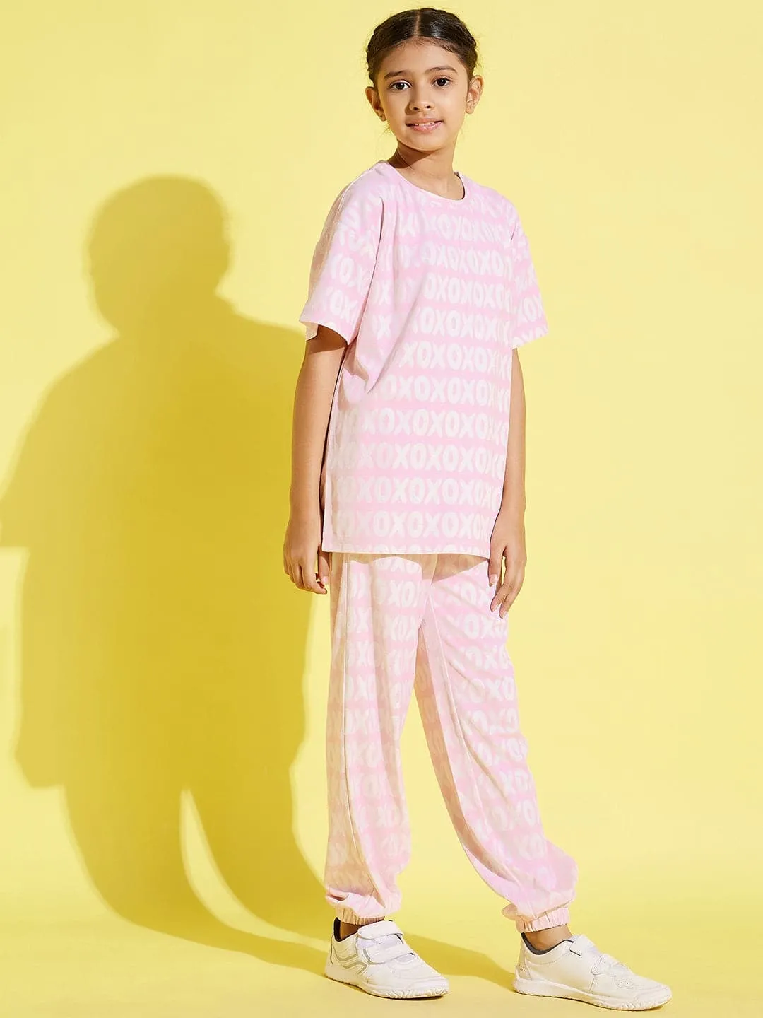 Girls Pink Xoxo Drop Shoulder Knit Top With Joggers - Lyush Kids
