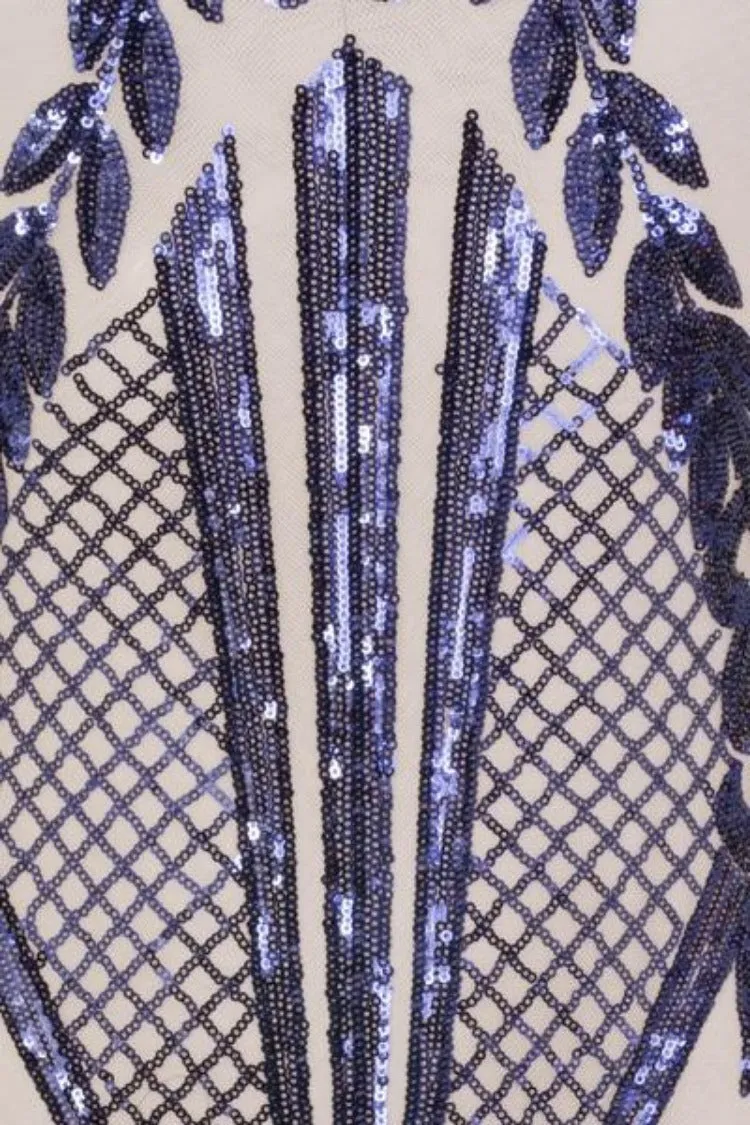 Glamazon Luxe Navy Nude Open Tie Side Tribal Sequin Fishtail Dress