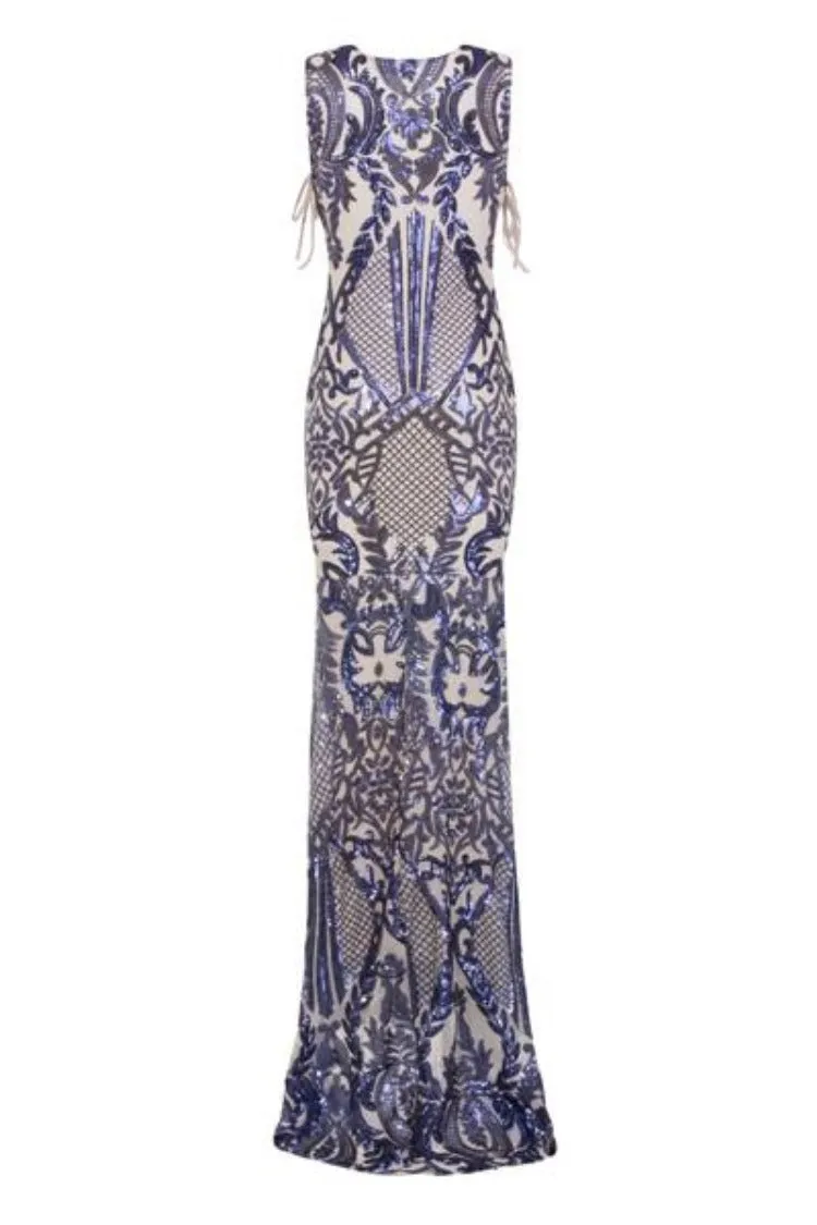 Glamazon Luxe Navy Nude Open Tie Side Tribal Sequin Fishtail Dress