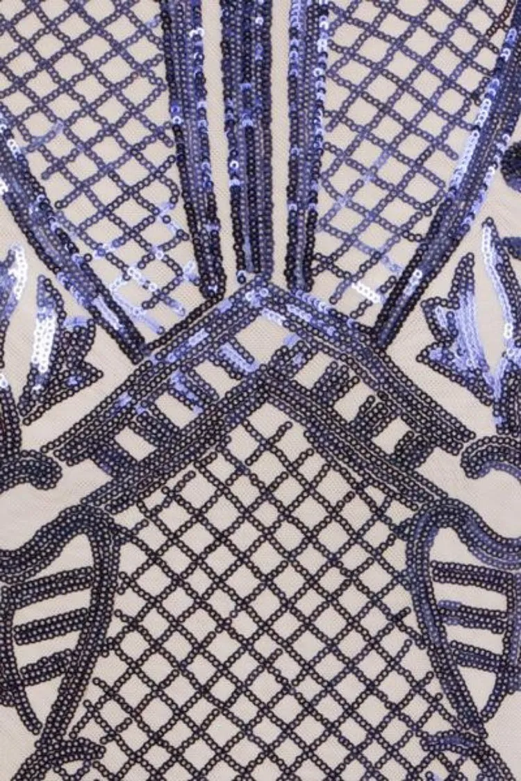 Glamazon Luxe Navy Nude Open Tie Side Tribal Sequin Fishtail Dress