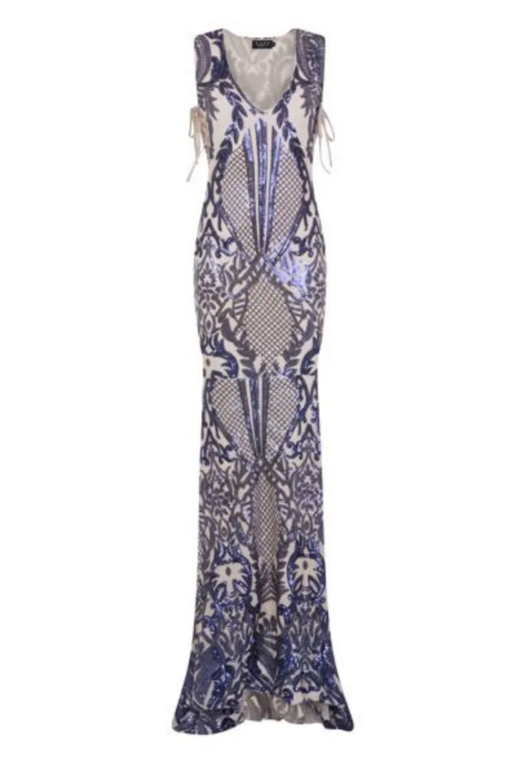 Glamazon Luxe Navy Nude Open Tie Side Tribal Sequin Fishtail Dress
