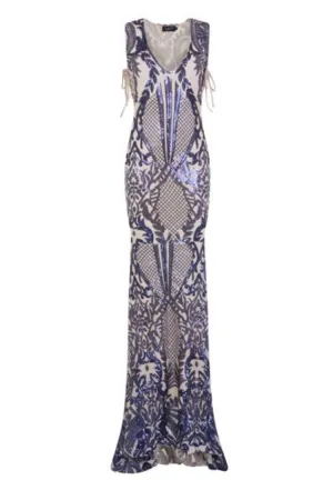 Glamazon Luxe Navy Nude Open Tie Side Tribal Sequin Fishtail Dress