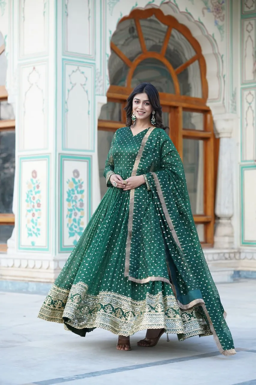 Green Nylon Jacquard Readymade Gown with Dupatta Set - Embroidery & Zari Sequin Work